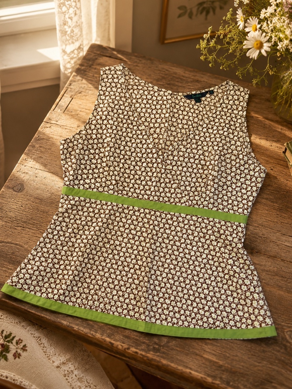 Boden Floral Cotton Sleeveless Blouse Top Brown Green Cottagecore Size 10